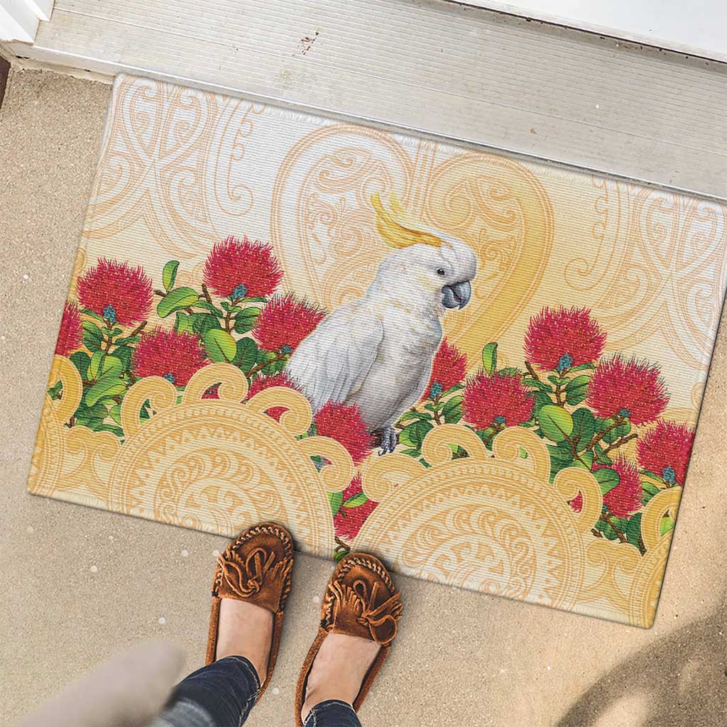 New Zealand Aotearoa Cockatoo Rubber Doormat Maori Pattern With Pohutukawa Flowers