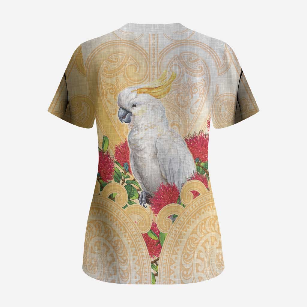New Zealand Aotearoa Cockatoo Scrub Top Maori Pattern With Pohutukawa Flowers LT05 - Polynesian Pride