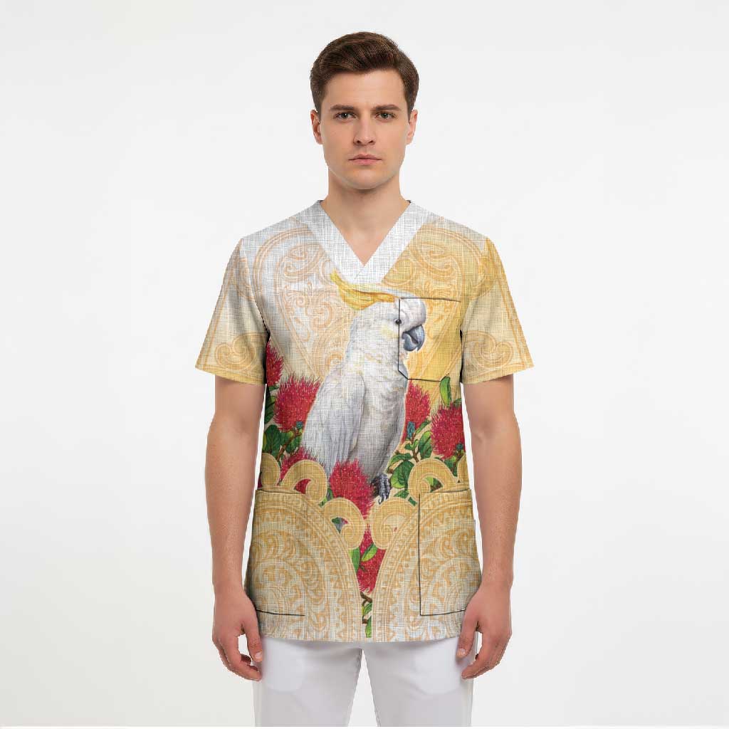New Zealand Aotearoa Cockatoo Scrub Top Maori Pattern With Pohutukawa Flowers LT05 - Polynesian Pride
