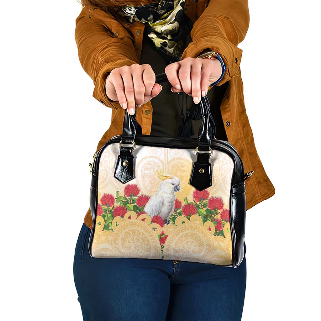 New Zealand Aotearoa Cockatoo Shoulder Handbag Maori Pattern With Pohutukawa Flowers LT05 One Size Beige - Polynesian Pride