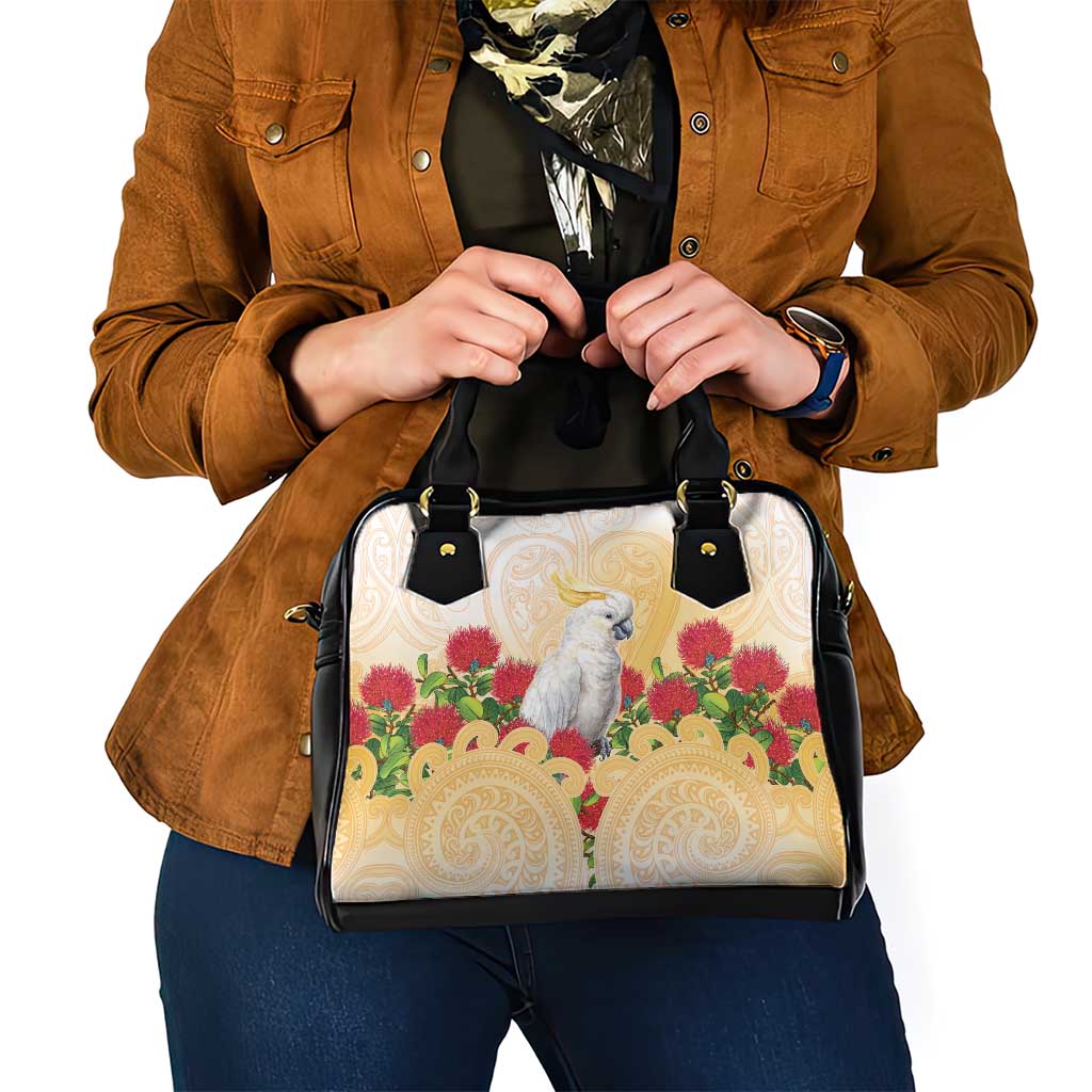 New Zealand Aotearoa Cockatoo Shoulder Handbag Maori Pattern With Pohutukawa Flowers LT05 - Polynesian Pride