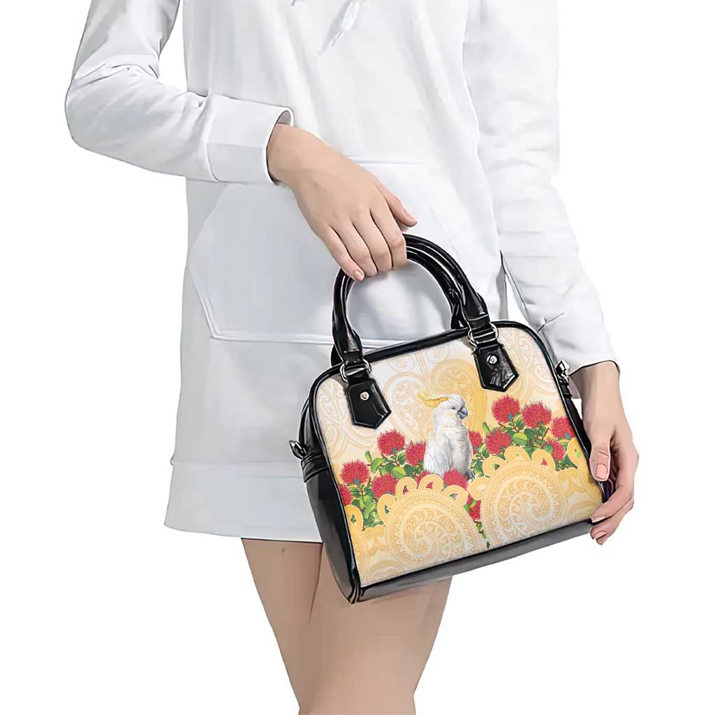 New Zealand Aotearoa Cockatoo Shoulder Handbag Maori Pattern With Pohutukawa Flowers LT05 - Polynesian Pride