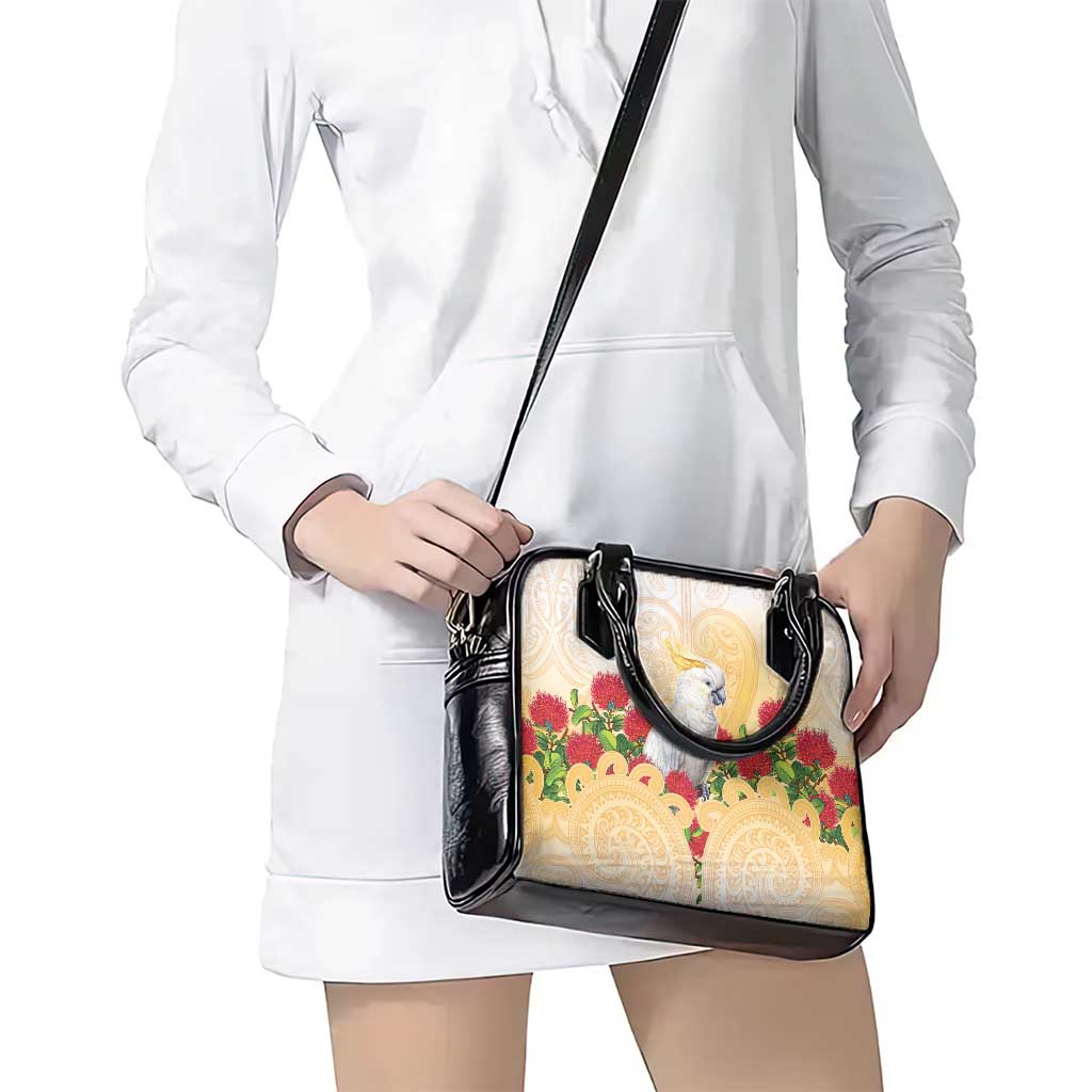 New Zealand Aotearoa Cockatoo Shoulder Handbag Maori Pattern With Pohutukawa Flowers LT05 - Polynesian Pride