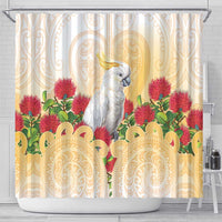 New Zealand Aotearoa Cockatoo Shower Curtain Maori Pattern With Pohutukawa Flowers LT05 - Polynesian Pride