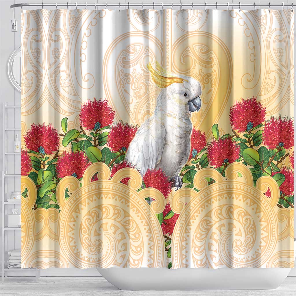 New Zealand Aotearoa Cockatoo Shower Curtain Maori Pattern With Pohutukawa Flowers LT05 - Polynesian Pride