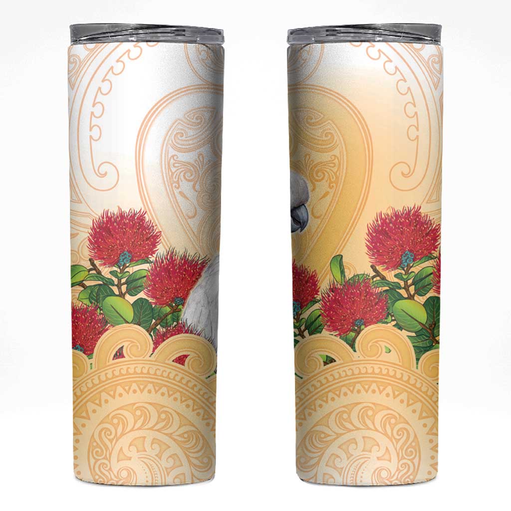 New Zealand Aotearoa Cockatoo Skinny Tumbler Maori Pattern With Pohutukawa Flowers LT05 Beige - Polynesian Pride