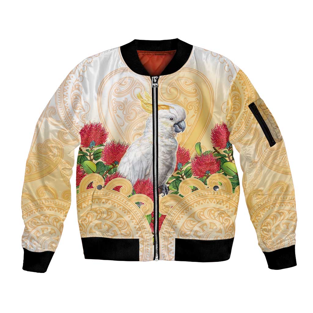New Zealand Aotearoa Cockatoo Sleeve Zip Bomber Jacket Maori Pattern With Pohutukawa Flowers LT05 Unisex Beige - Polynesian Pride