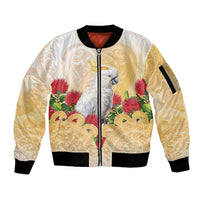 New Zealand Aotearoa Cockatoo Sleeve Zip Bomber Jacket Maori Pattern With Pohutukawa Flowers LT05 Unisex Beige - Polynesian Pride