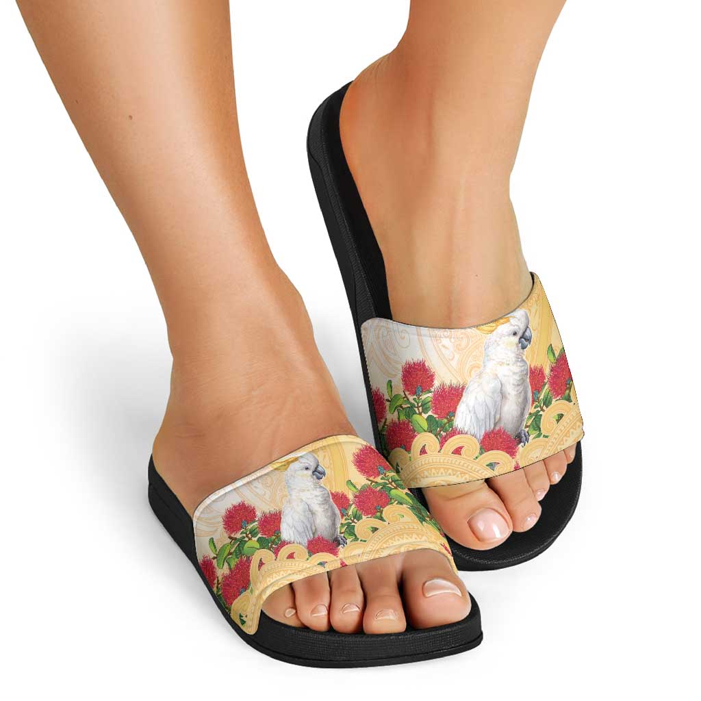 New Zealand Aotearoa Cockatoo Slide Sandals Maori Pattern With Pohutukawa Flowers