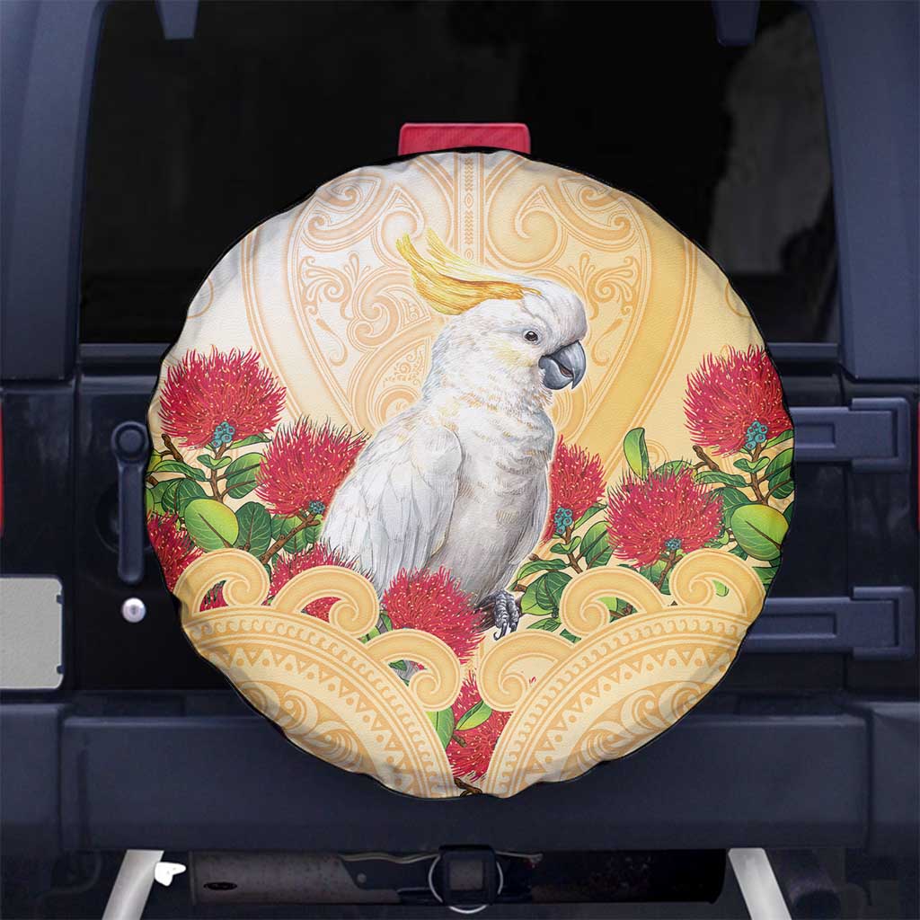 New Zealand Aotearoa Cockatoo Spare Tire Cover Maori Pattern With Pohutukawa Flowers LT05 No hole Beige - Polynesian Pride