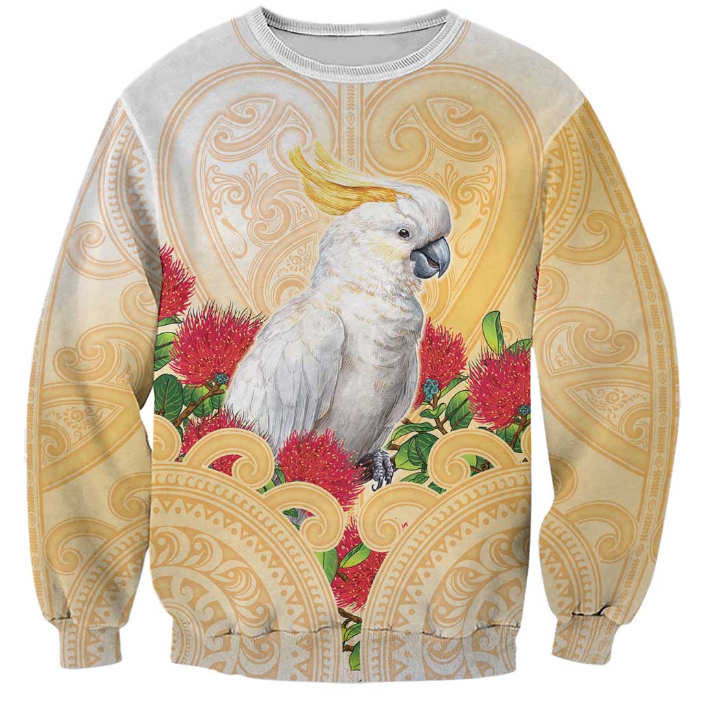 New Zealand Aotearoa Cockatoo Sweatshirt Maori Pattern With Pohutukawa Flowers LT05 Unisex Beige - Polynesian Pride
