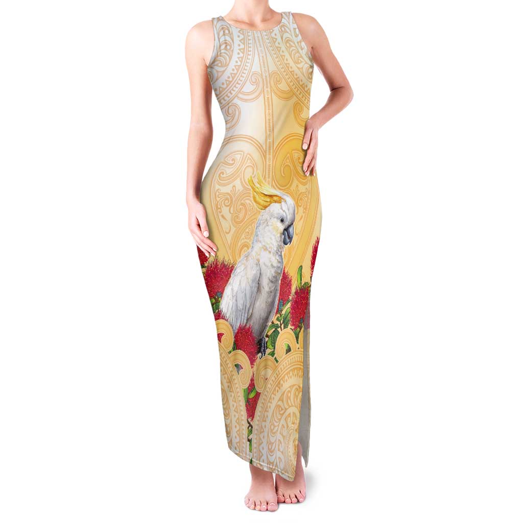 New Zealand Aotearoa Cockatoo Tank Maxi Dress Maori Pattern With Pohutukawa Flowers LT05 Women Beige - Polynesian Pride