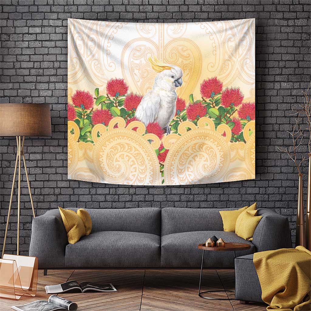 New Zealand Aotearoa Cockatoo Tapestry Maori Pattern With Pohutukawa Flowers LT05 Beige - Polynesian Pride