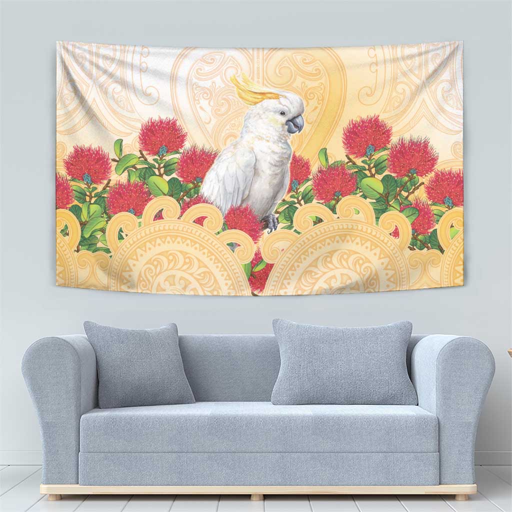 New Zealand Aotearoa Cockatoo Tapestry Maori Pattern With Pohutukawa Flowers LT05 - Polynesian Pride
