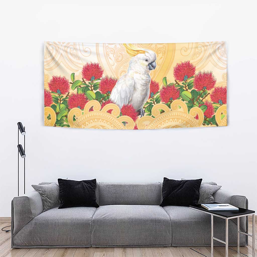 New Zealand Aotearoa Cockatoo Tapestry Maori Pattern With Pohutukawa Flowers LT05 - Polynesian Pride