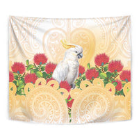 New Zealand Aotearoa Cockatoo Tapestry Maori Pattern With Pohutukawa Flowers LT05 - Polynesian Pride