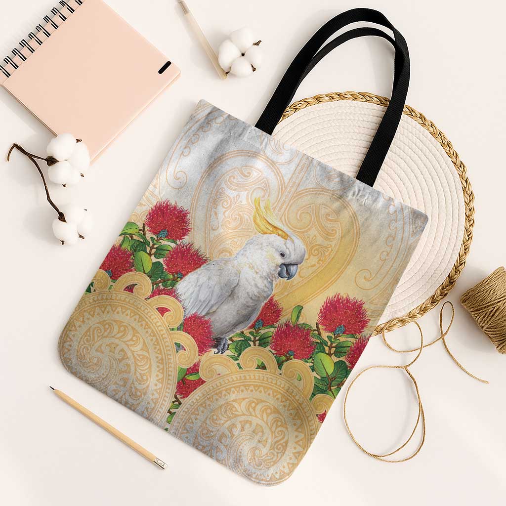 New Zealand Aotearoa Cockatoo Tote Bag Maori Pattern With Pohutukawa Flowers LT05 Black Strap One Size Beige - Polynesian Pride