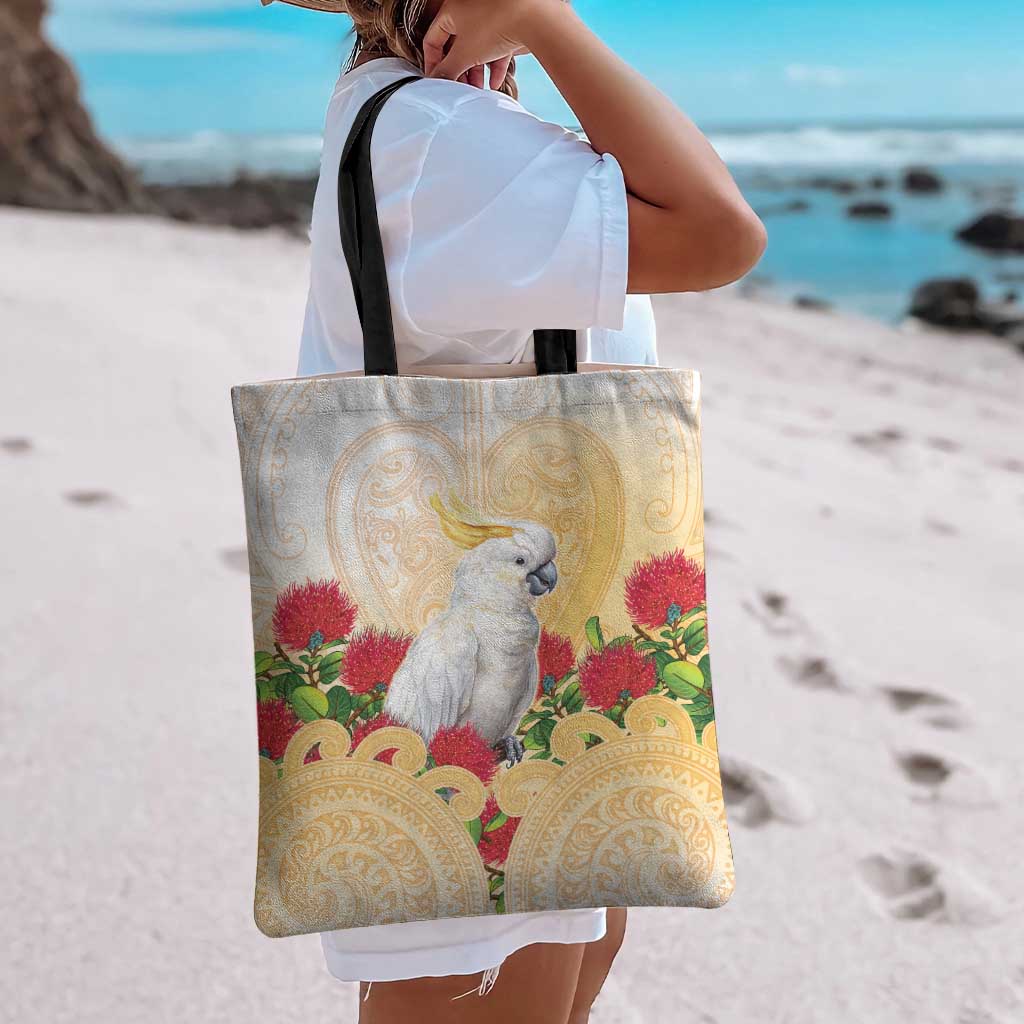 New Zealand Aotearoa Cockatoo Tote Bag Maori Pattern With Pohutukawa Flowers LT05 - Polynesian Pride