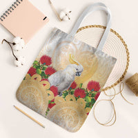 New Zealand Aotearoa Cockatoo Tote Bag Maori Pattern With Pohutukawa Flowers LT05 White Strap One Size Beige - Polynesian Pride