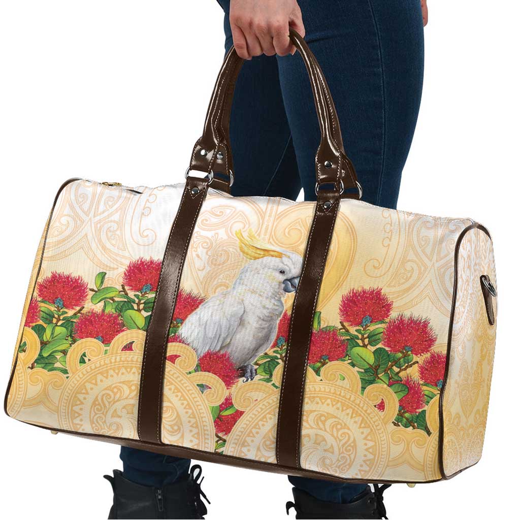 New Zealand Aotearoa Cockatoo Travel Bag Maori Pattern With Pohutukawa Flowers