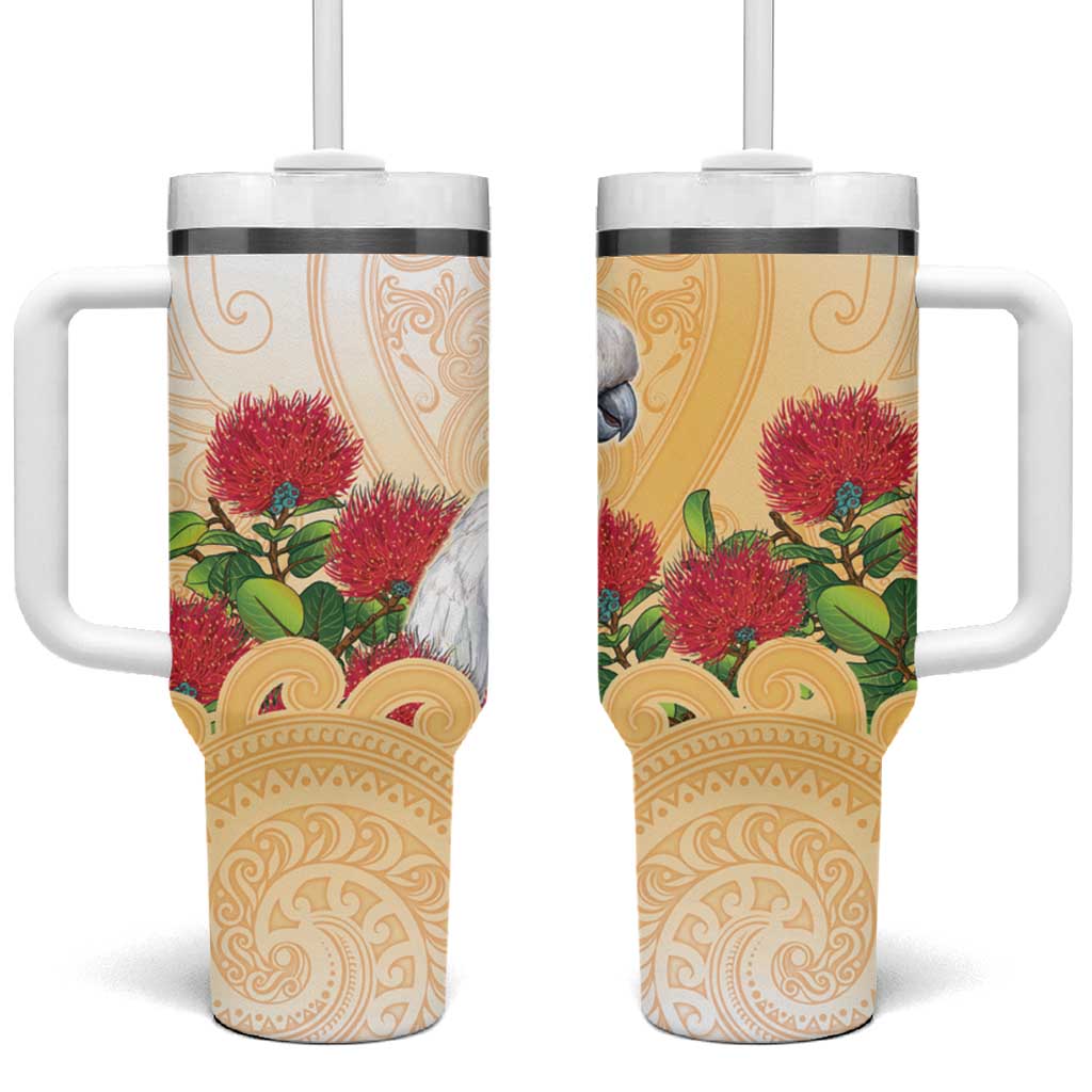 New Zealand Aotearoa Cockatoo Tumbler With Handle Maori Pattern With Pohutukawa Flowers