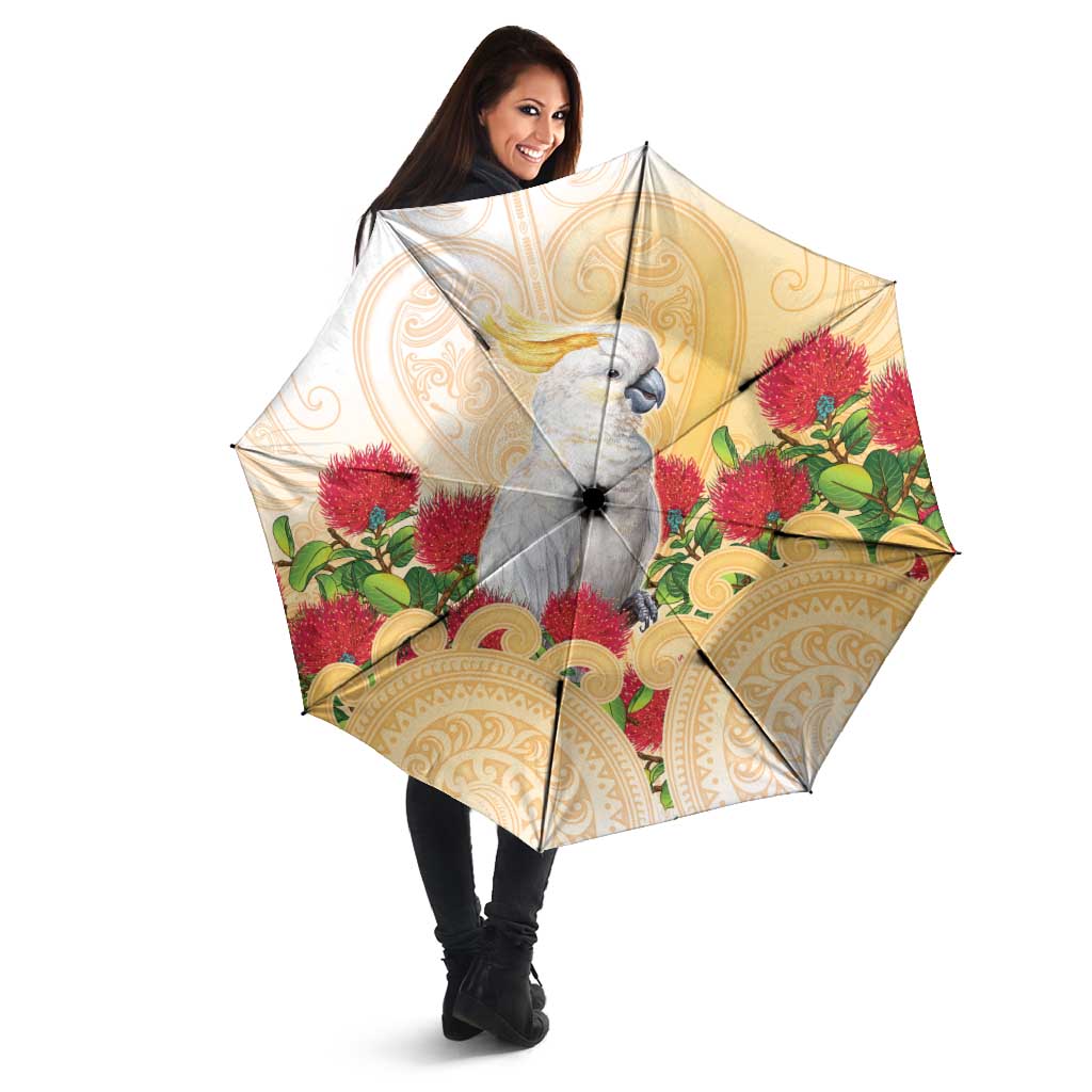 New Zealand Aotearoa Cockatoo Umbrella Maori Pattern With Pohutukawa Flowers LT05 - Polynesian Pride