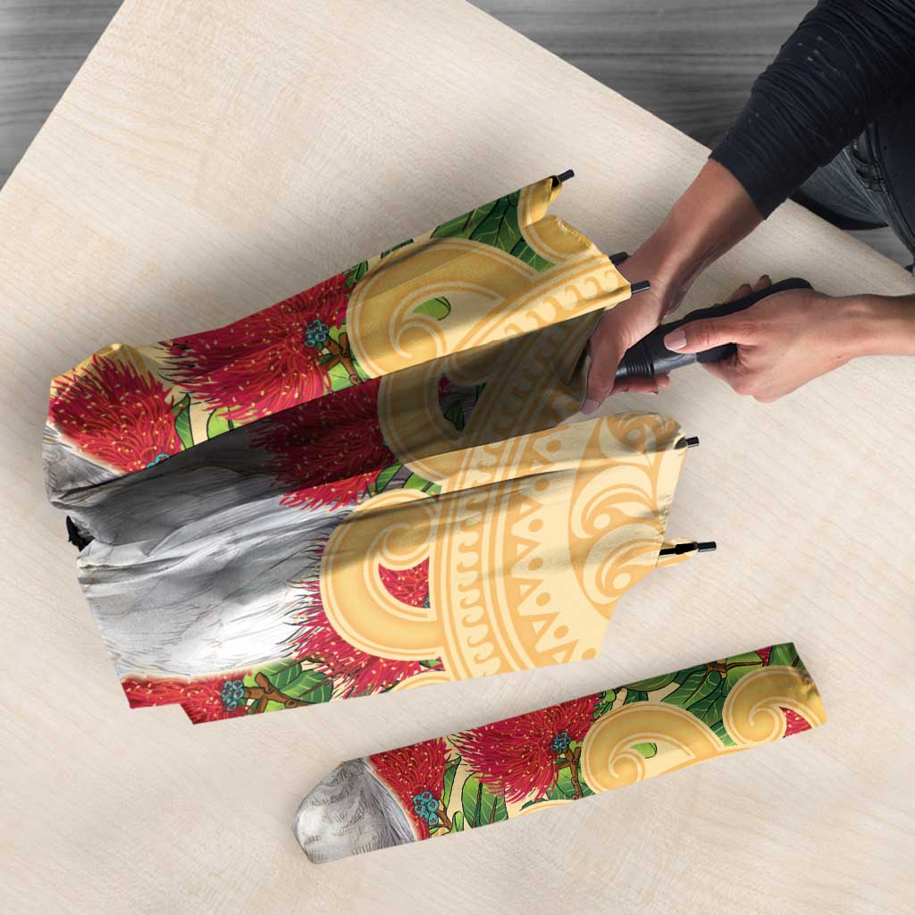 New Zealand Aotearoa Cockatoo Umbrella Maori Pattern With Pohutukawa Flowers LT05 - Polynesian Pride