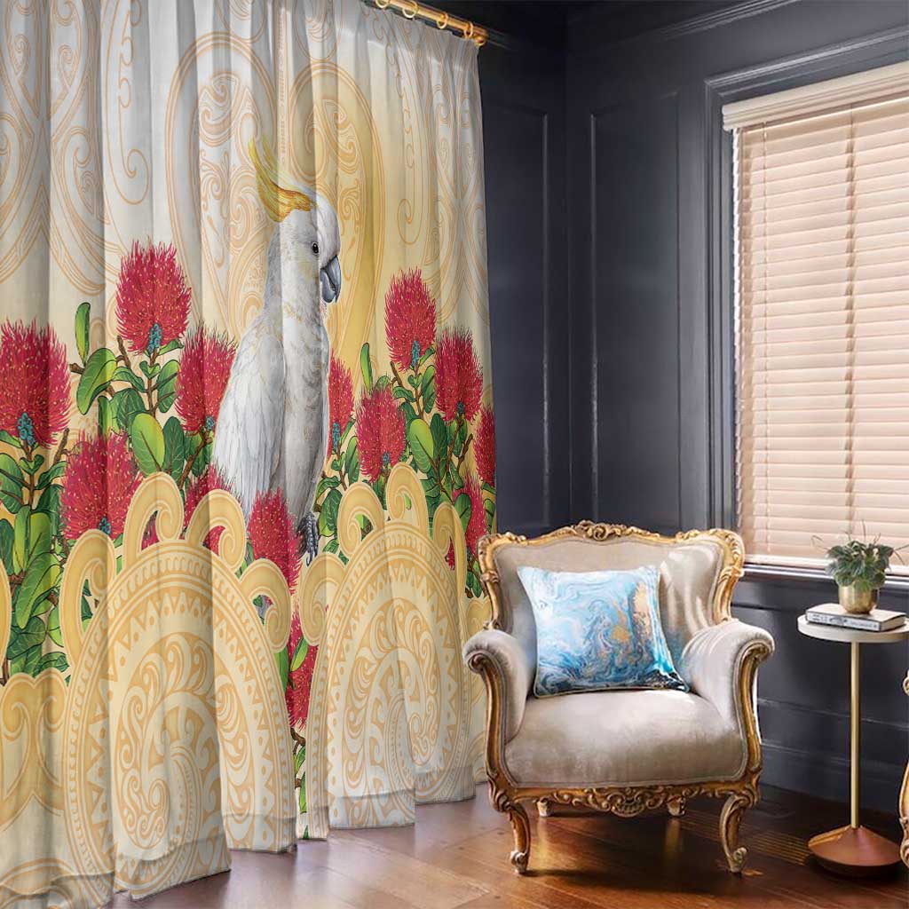 New Zealand Aotearoa Cockatoo Window Curtain Maori Pattern With Pohutukawa Flowers LT05 - Polynesian Pride