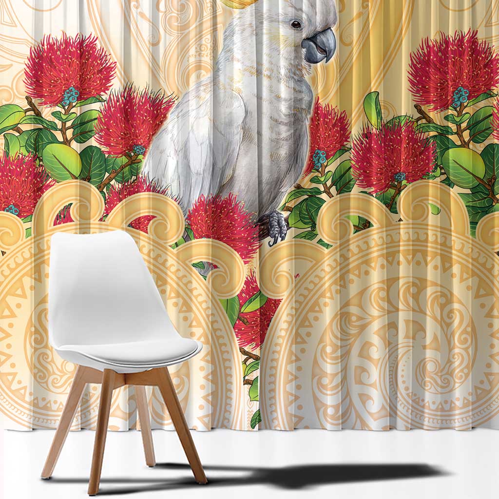 New Zealand Aotearoa Cockatoo Window Curtain Maori Pattern With Pohutukawa Flowers LT05 - Polynesian Pride