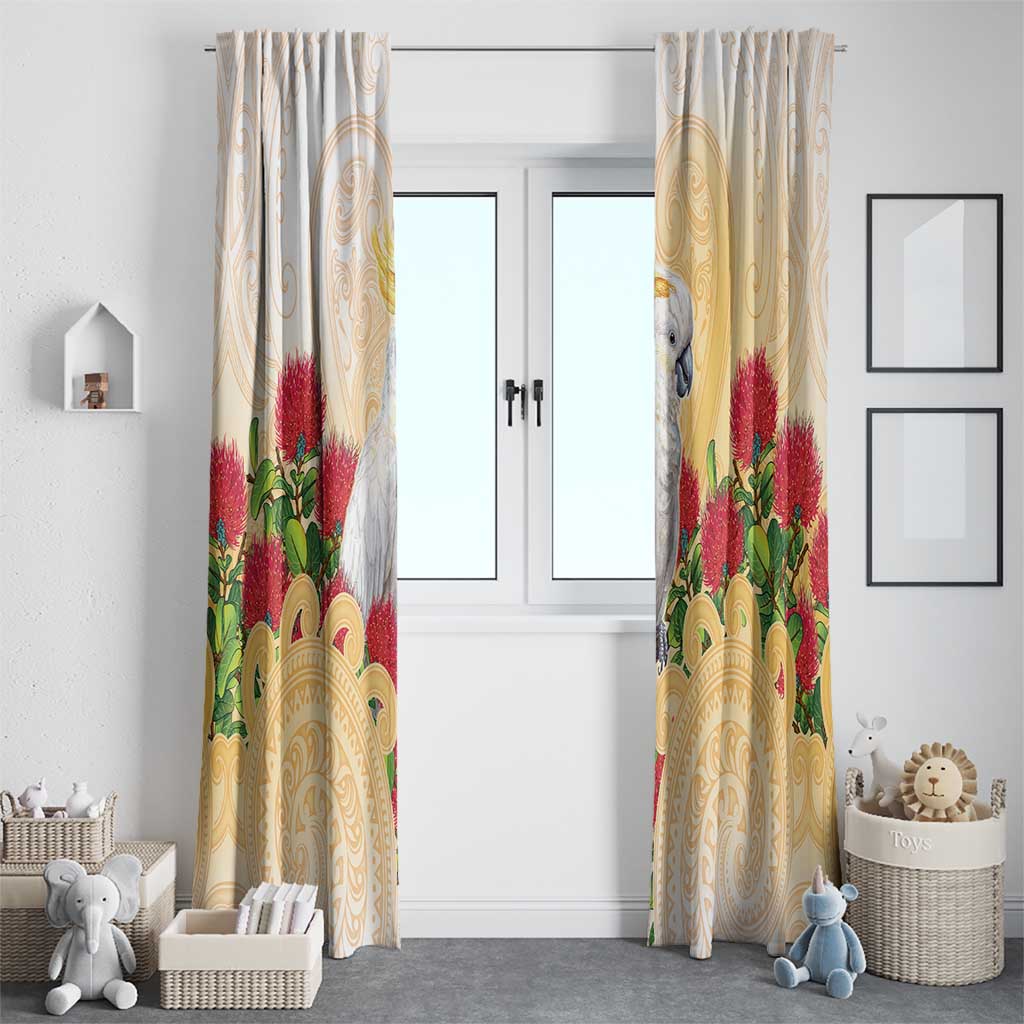 New Zealand Aotearoa Cockatoo Window Curtain Maori Pattern With Pohutukawa Flowers LT05 - Polynesian Pride