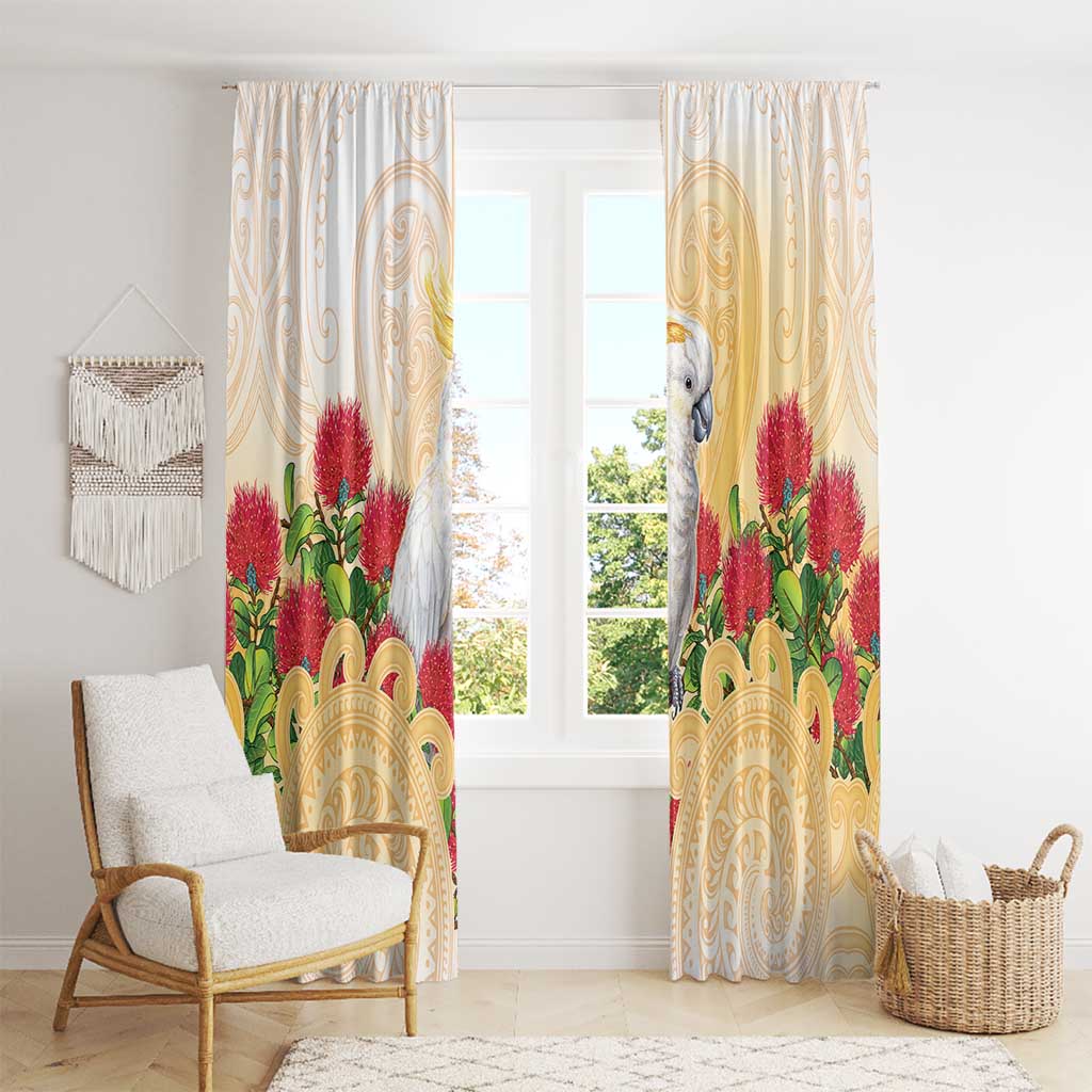 New Zealand Aotearoa Cockatoo Window Curtain Maori Pattern With Pohutukawa Flowers LT05 - Polynesian Pride