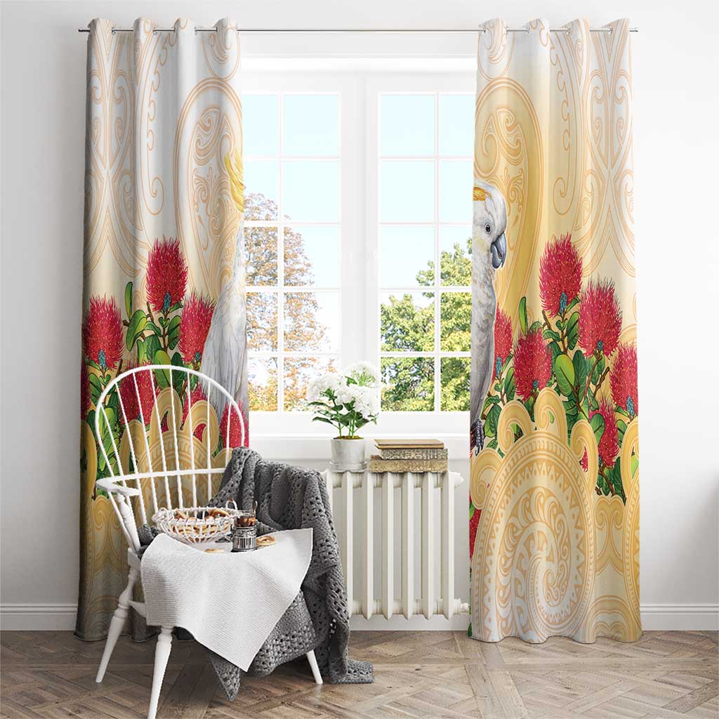 New Zealand Aotearoa Cockatoo Window Curtain Maori Pattern With Pohutukawa Flowers LT05 - Polynesian Pride