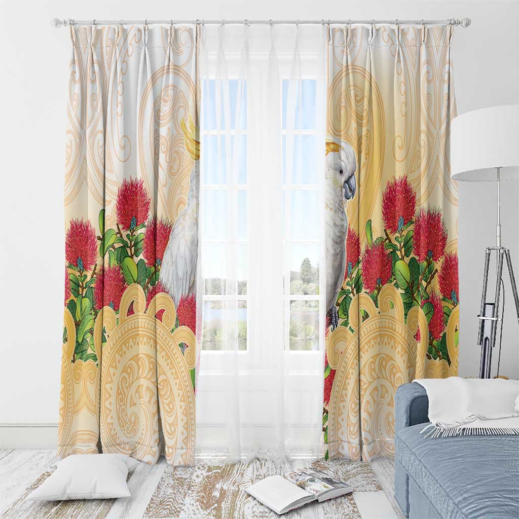 New Zealand Aotearoa Cockatoo Window Curtain Maori Pattern With Pohutukawa Flowers LT05 - Polynesian Pride