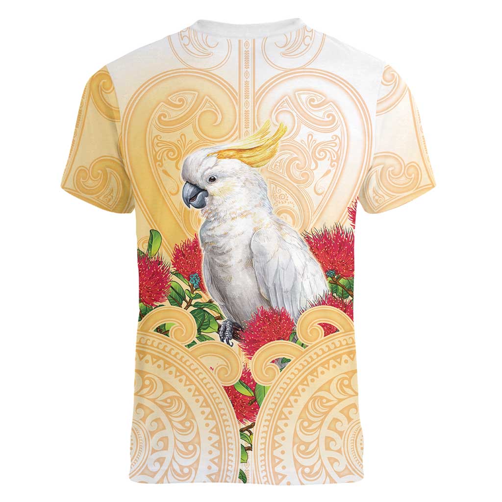 New Zealand Aotearoa Cockatoo Women V-Neck T-Shirt Maori Pattern With Pohutukawa Flowers