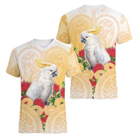New Zealand Aotearoa Cockatoo Women V-Neck T-Shirt Maori Pattern With Pohutukawa Flowers