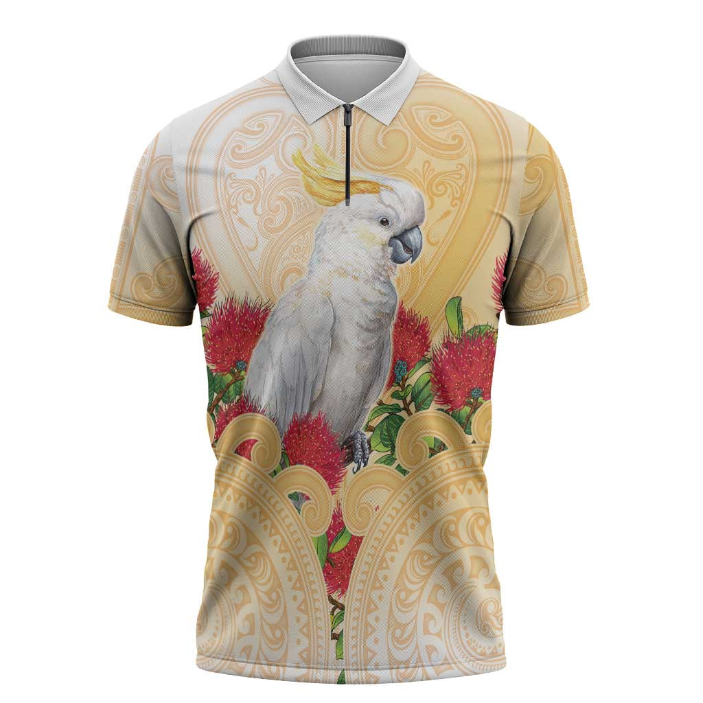 New Zealand Aotearoa Cockatoo Zipper Polo Shirt Maori Pattern With Pohutukawa Flowers LT05 Beige - Polynesian Pride
