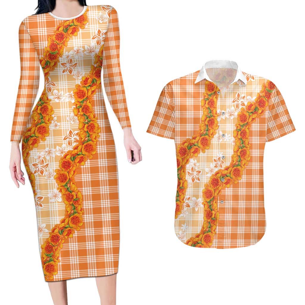 Orange Hawaii Palaka Couples Matching Long Sleeve Bodycon Dress and Hawaiian Shirt Hawaiian Ilima Lei LT05 Orange - Polynesian Pride