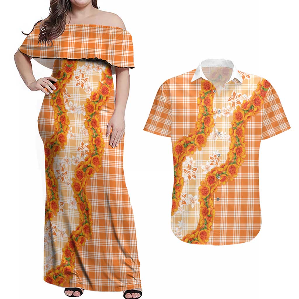 Orange Hawaii Palaka Couples Matching Off Shoulder Maxi Dress and Hawaiian Shirt Hawaiian Ilima Lei LT05 Orange - Polynesian Pride