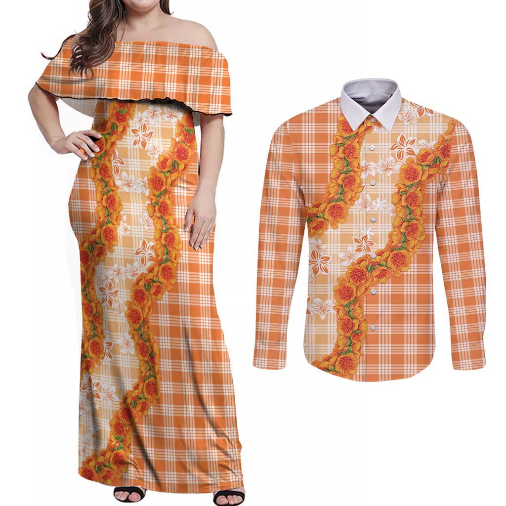 Orange Hawaii Palaka Couples Matching Off Shoulder Maxi Dress and Long Sleeve Button Shirt Hawaiian Ilima Lei LT05 Orange - Polynesian Pride