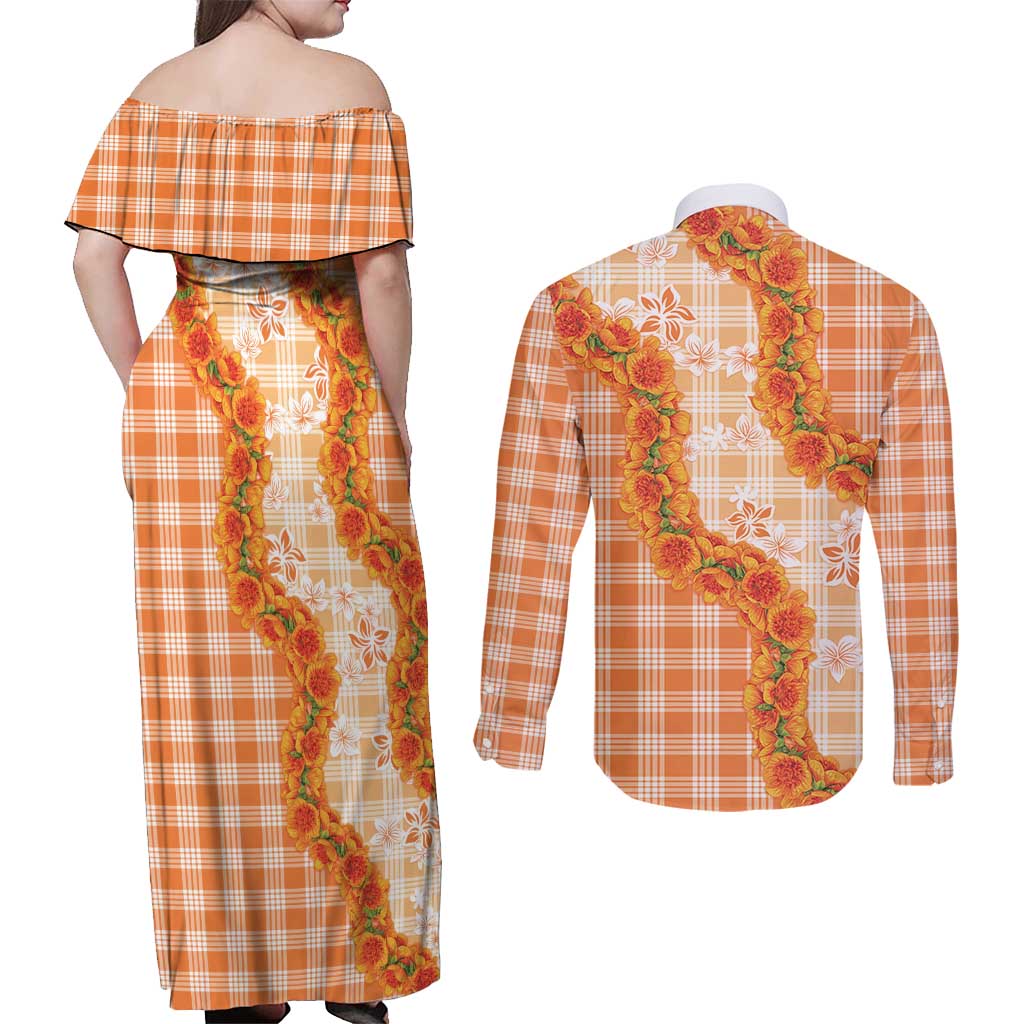 Orange Hawaii Palaka Couples Matching Off Shoulder Maxi Dress and Long Sleeve Button Shirt Hawaiian Ilima Lei LT05 - Polynesian Pride