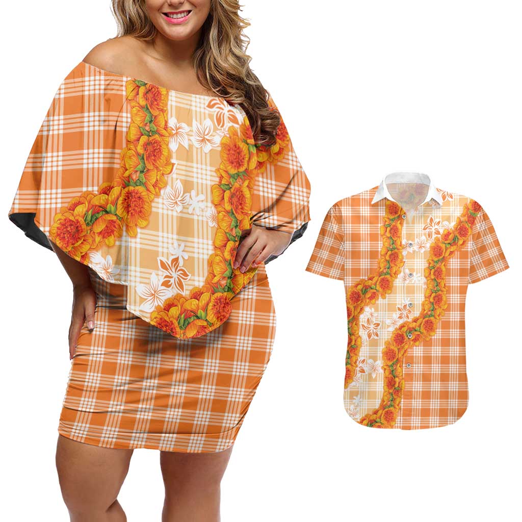 Orange Hawaii Palaka Couples Matching Off Shoulder Short Dress and Hawaiian Shirt Hawaiian Ilima Lei LT05 Orange - Polynesian Pride