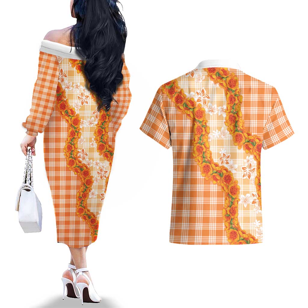 Orange Hawaii Palaka Couples Matching Off The Shoulder Long Sleeve Dress and Hawaiian Shirt Hawaiian Ilima Lei