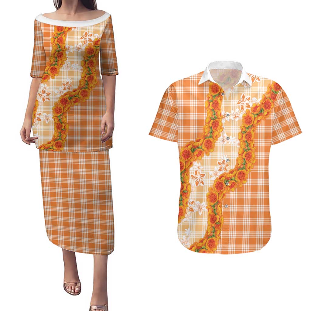 Orange Hawaii Palaka Couples Matching Puletasi and Hawaiian Shirt Hawaiian Ilima Lei LT05 Orange - Polynesian Pride