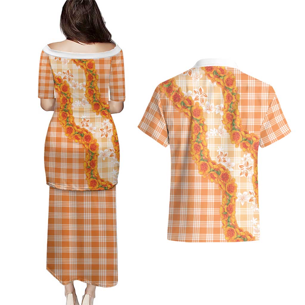 Orange Hawaii Palaka Couples Matching Puletasi and Hawaiian Shirt Hawaiian Ilima Lei LT05 - Polynesian Pride