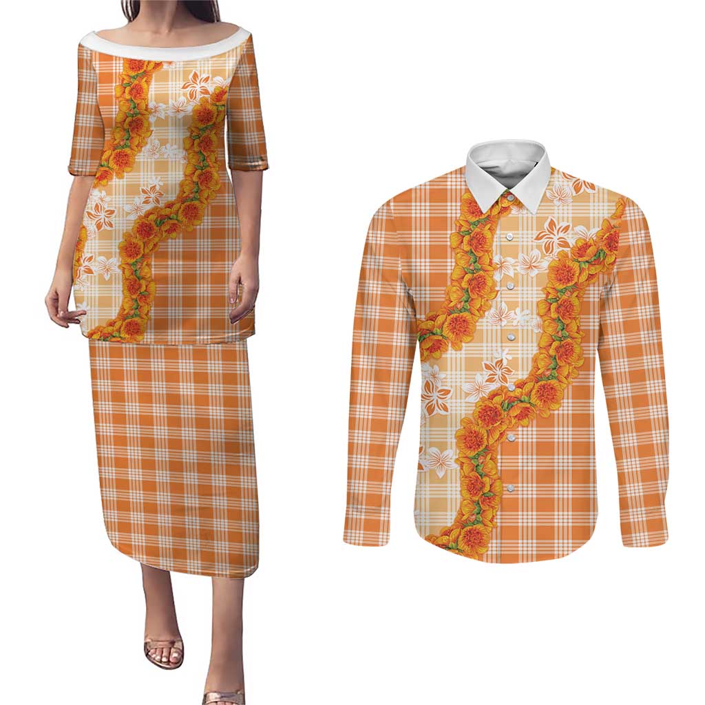 Orange Hawaii Palaka Couples Matching Puletasi and Long Sleeve Button Shirt Hawaiian Ilima Lei LT05 Orange - Polynesian Pride