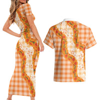 Orange Hawaii Palaka Couples Matching Short Sleeve Bodycon Dress and Hawaiian Shirt Hawaiian Ilima Lei