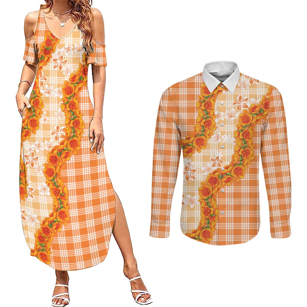 Orange Hawaii Palaka Couples Matching Summer Maxi Dress and Long Sleeve Button Shirt Hawaiian Ilima Lei LT05 Orange - Polynesian Pride