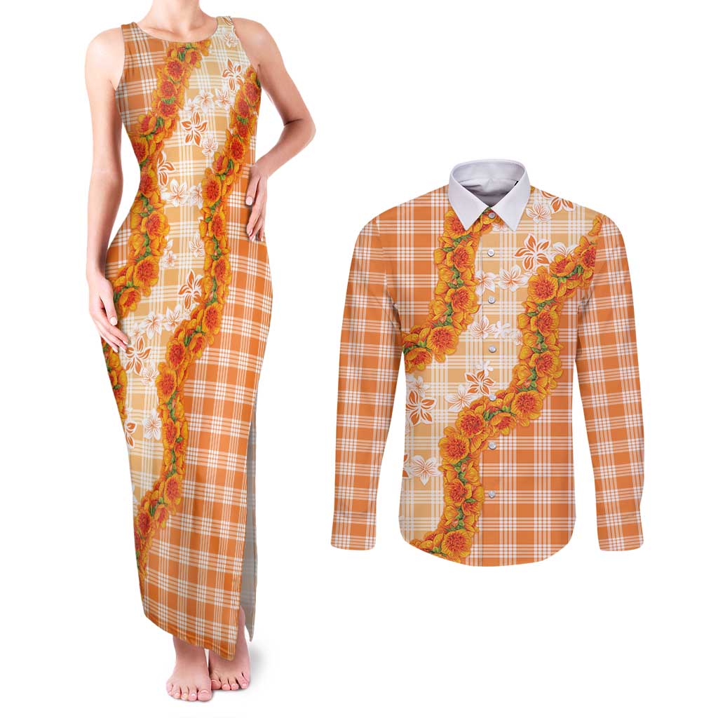 Orange Hawaii Palaka Couples Matching Tank Maxi Dress and Long Sleeve Button Shirt Hawaiian Ilima Lei LT05 Orange - Polynesian Pride