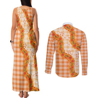 Orange Hawaii Palaka Couples Matching Tank Maxi Dress and Long Sleeve Button Shirt Hawaiian Ilima Lei LT05 - Polynesian Pride