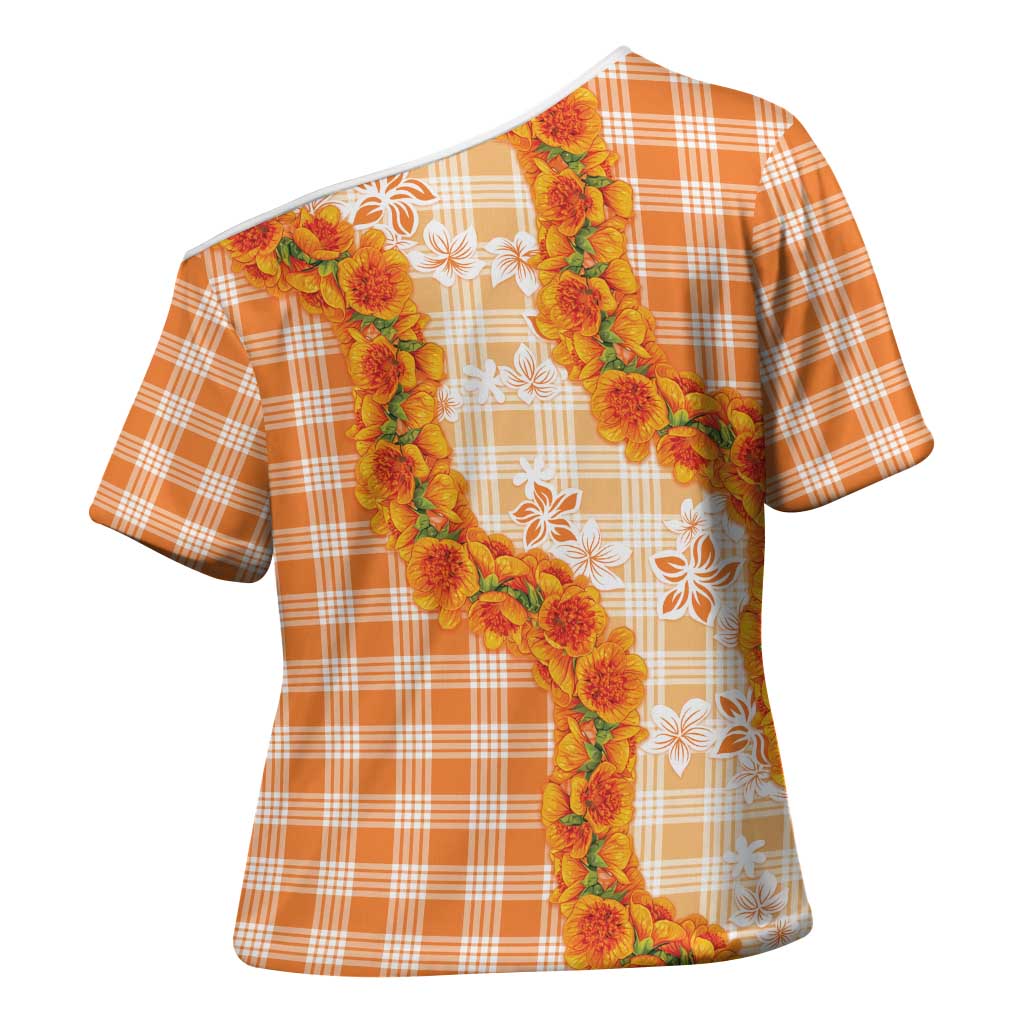 Orange Hawaii Palaka Cross Shoulder Shirt Hawaiian Ilima Lei LT05 - Polynesian Pride
